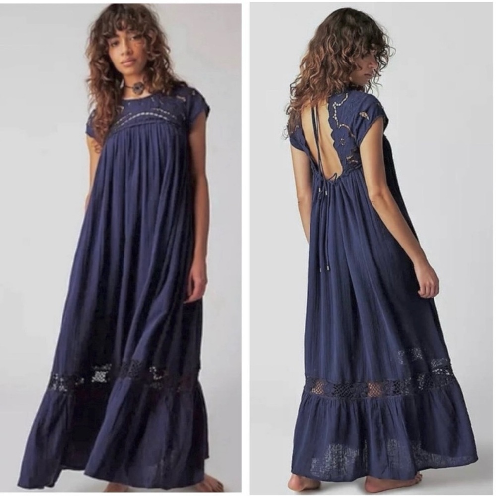 FREE PEOPLE Cutwork Tee Maxi Dress NEW Size XS Evening Eclipse Midnight Blue